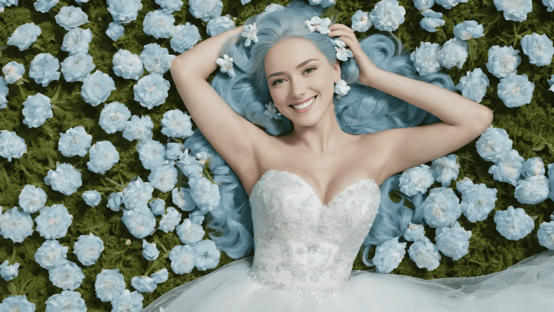 AI-generated image of a blue-haired woman lying in a bed of flowers.