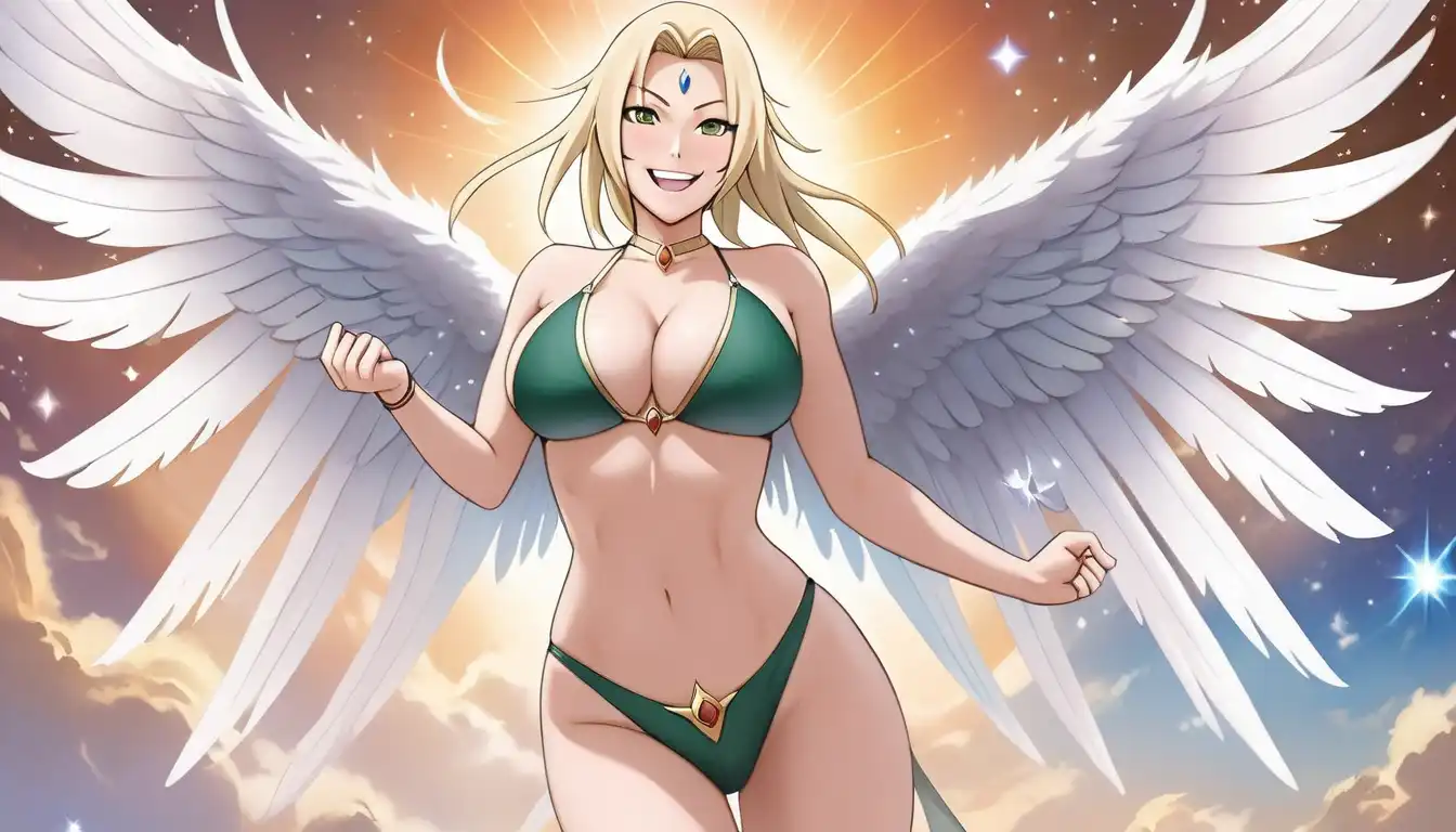 Tsunade from Naruto, standing serenely with subtle angel wings, surrounded by a tranquil natural environment.