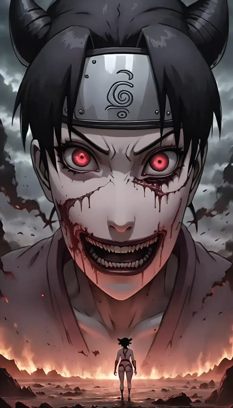 Digital fanart by Lorelai AI, portraying 'The Demon TenTen' from Naruto with a horror-inspired, eerie facial expression.