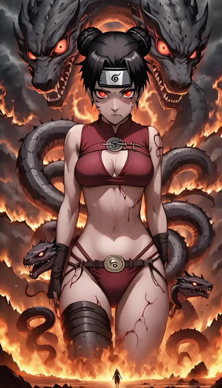 Digital fanart by Lorelai AI, showcasing 'The Demon TenTen' from Naruto in a unique, creatively designed outfit with a backdrop of fire.