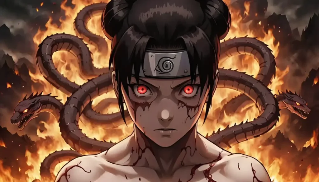 Close-up digital fanart by Lorelai AI of 'The Demon TenTen' from Naruto, with dragons and fire in the background.