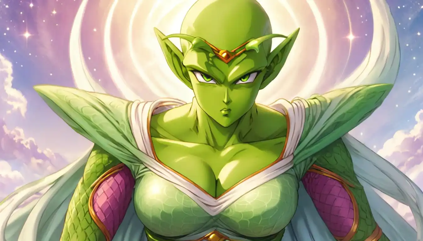 Digital fan art of a female Namekian from Dragon Ball, featuring distinctive green skin and pointed ears, wearing a traditional warrior's outfit.