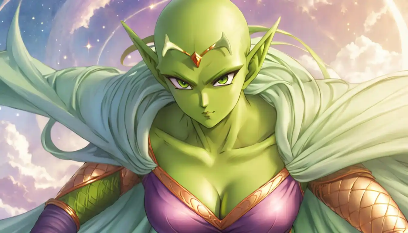 Fan art of a feminine female Namekian from Dragon Ball, with delicate features, traditional attire, and the iconic green skin.