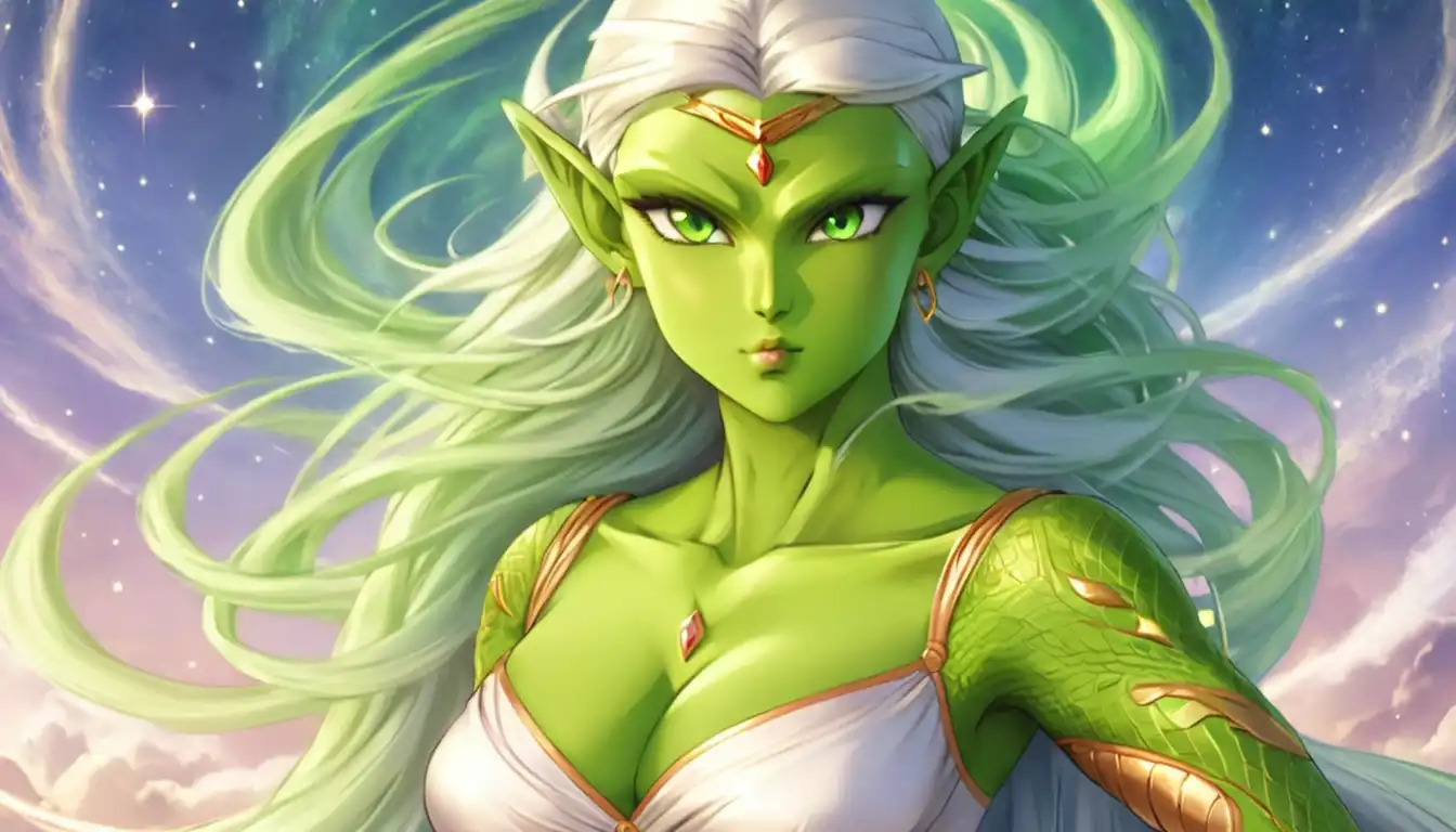 Alt Text: "Innovative Dragon Ball fan art depicting a female Namekian with long, flowing hair, merging traditional Namekian features with a new aesthetic.