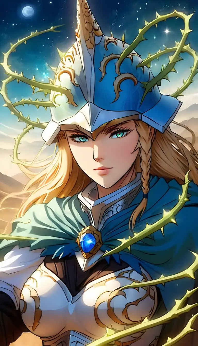 Charlotte Roselei with thorns emerging from her helmet and cape, symbolizing a fusion of defense and elegance.