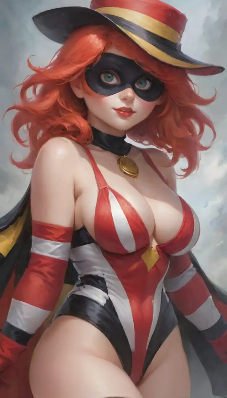 The Lady Hamburglar, draped in a cape, strikes a heroic pose, giving her an almost superhero-like appearance.