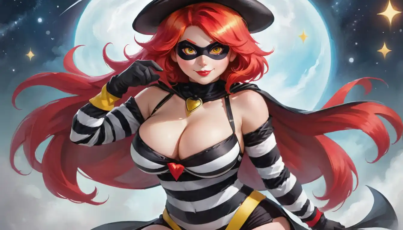 A beautiful woman, inspired by the Hamburglar mascot, stands elegantly against a backdrop of a large, glowing moon. She wears a contemporary, stylish outfit with black and white stripes, reminiscent of the classic Hamburglar's attire.
