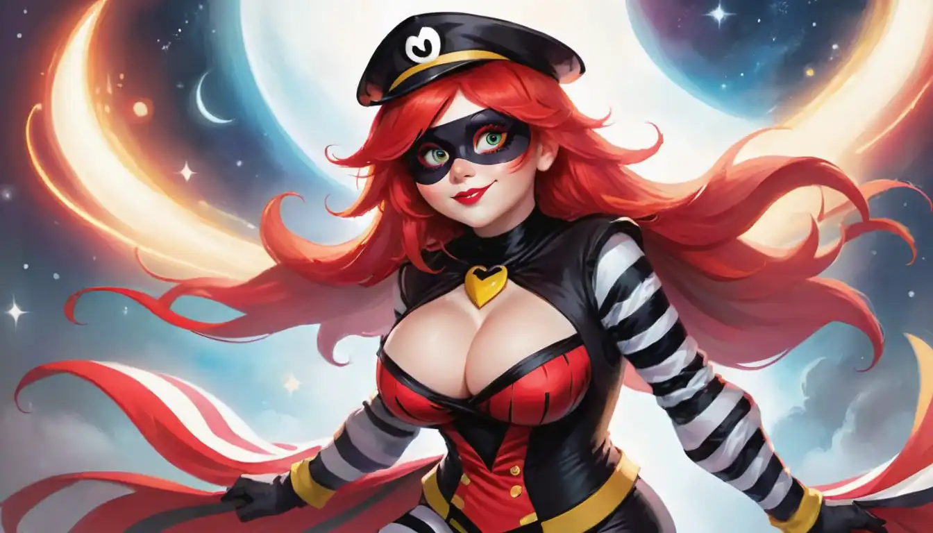 The Lady Hamburglar, donning a hat reminiscent of a police officer, poses strikingly with a large, luminous moon in the background, highlighting the irony of her burglar persona.