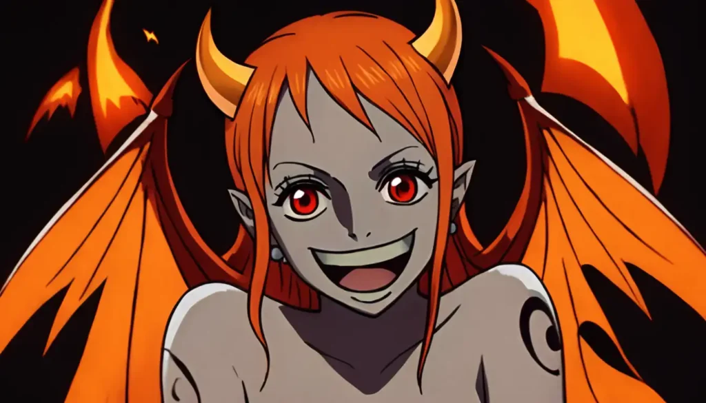Nami Swan depicted as a devil, complete with horns and wings.