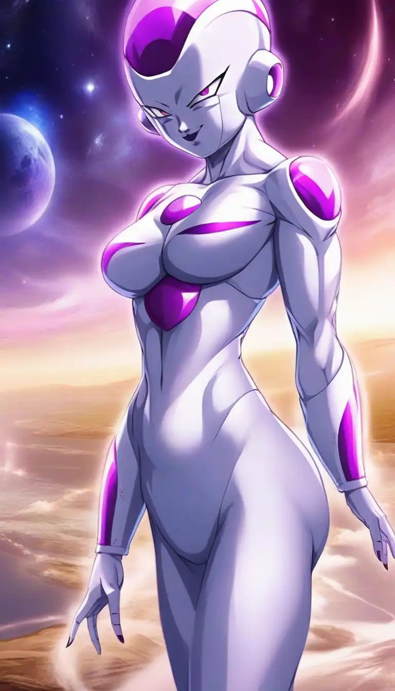 Fanart of Frieza from Dragon Ball, unusually adorned with extra purple spots on her body, set against a dramatic space background.