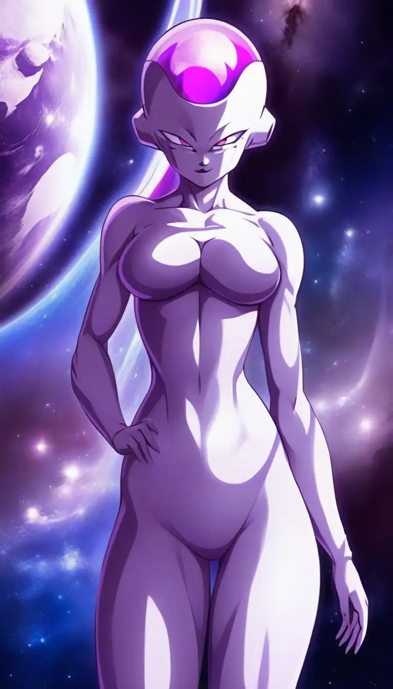 Fanart of Frieza from Dragon Ball, striking a traditional female pose with her hand on her hip, set against a thematic background.