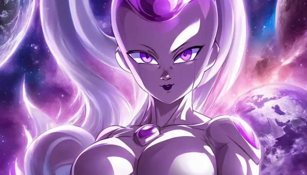 Artistic rendition of Frieza from Dragon Ball, reimagined as a woman with pronounced feminine features, set against a vivid space background.