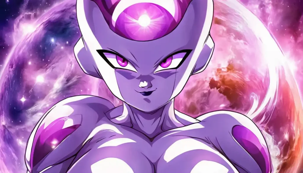 Innovative fanart of a female Frieza from Dragon Ball, featuring her forehead as a mesmerizing portal to another dimension, set against a cosmic background.