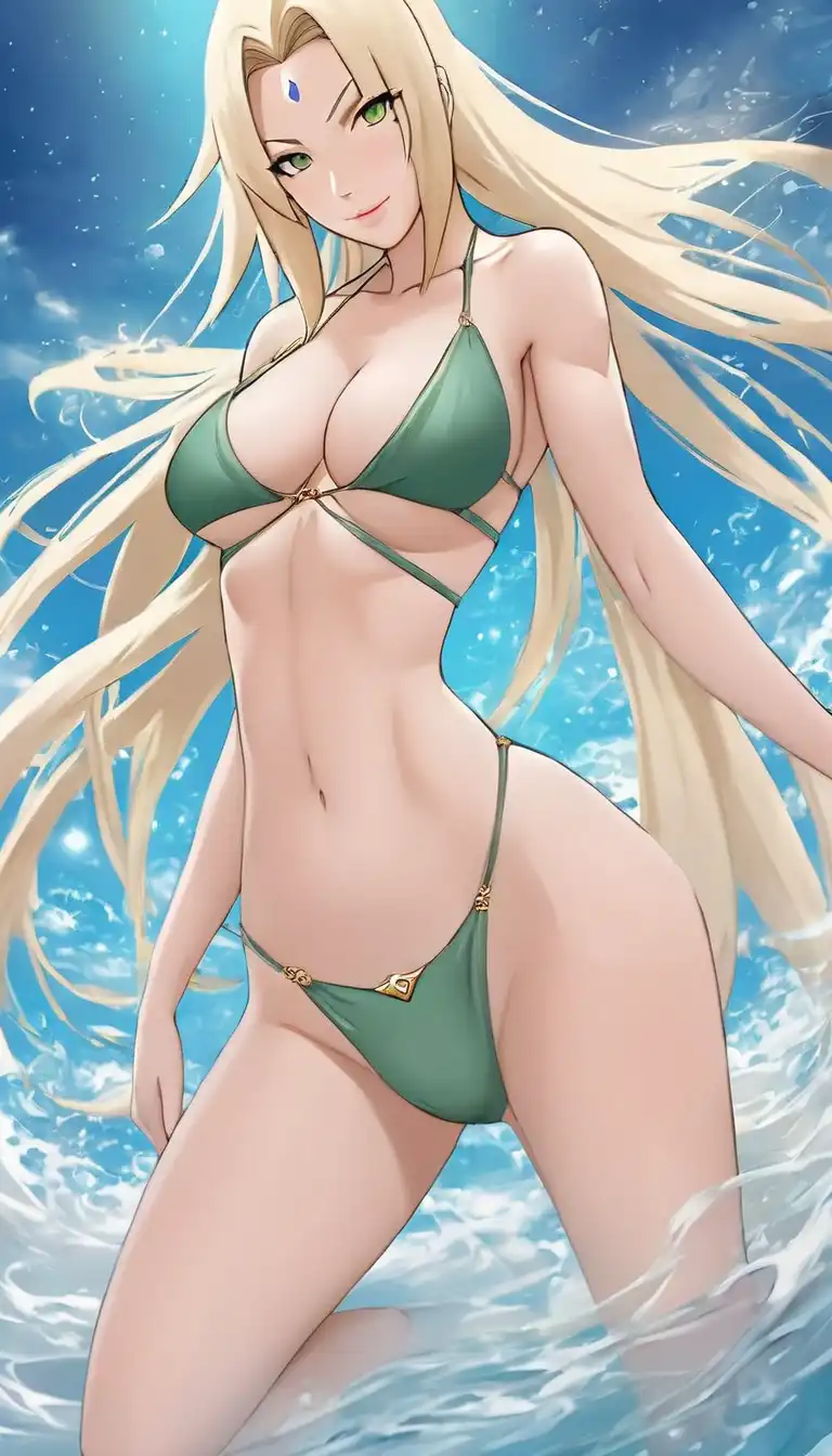 Tsunade from Naruto in a bathing suit, with her long hair flowing freely and wildly around her.